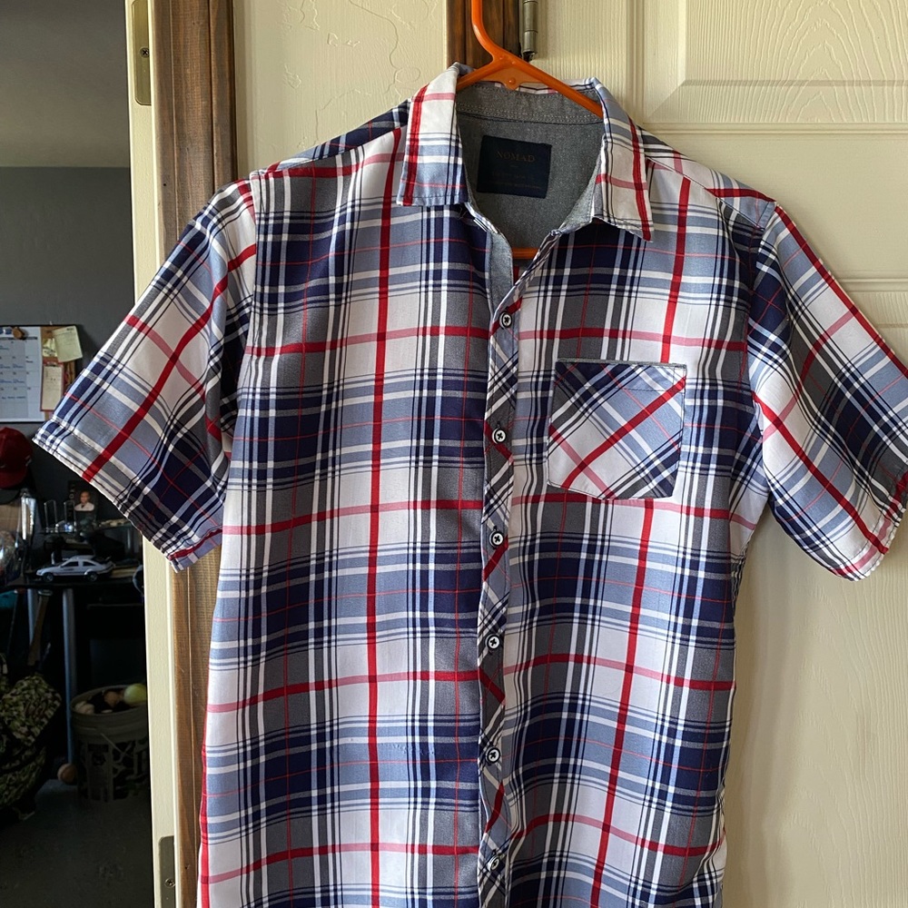 Boys Navy and Red Plaid Button Down Shirt